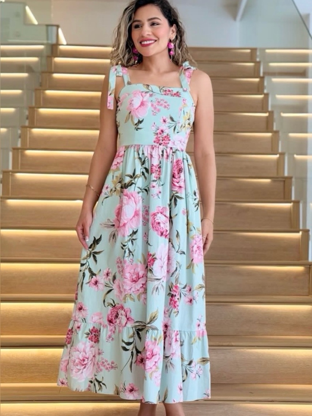Joie Floral Tie-Shoulder Maxi Dress in Mint and Pink